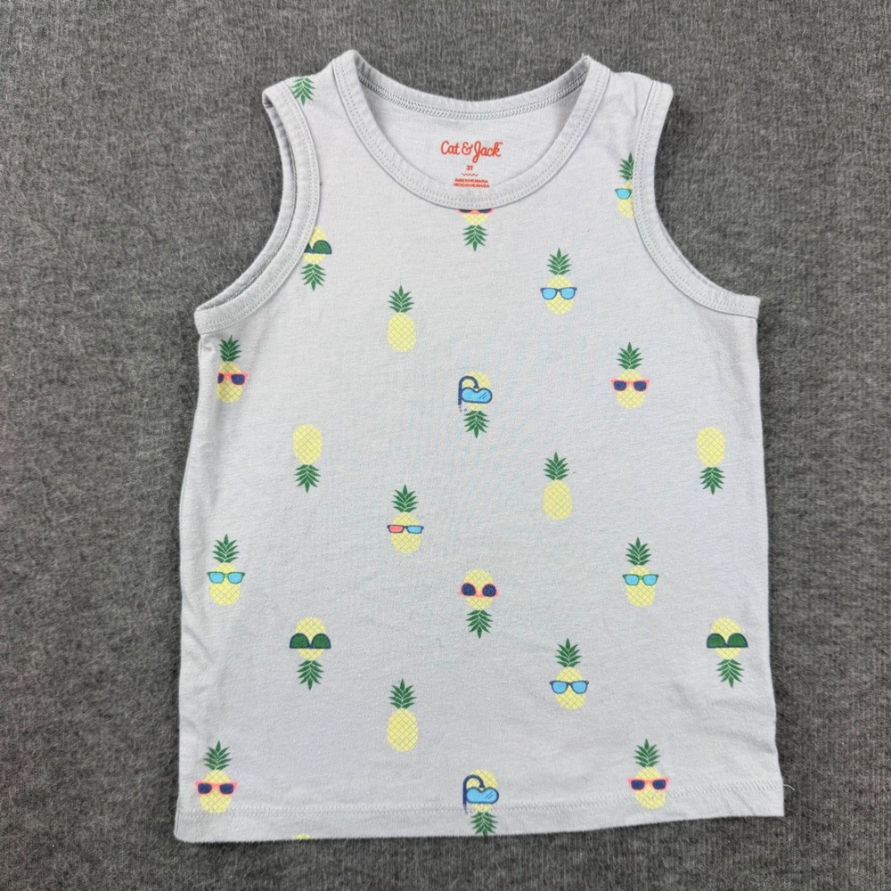 Cat & Jack Tank Top Kids 3T‎ Gray Pineapple Sunglasses Print Sleeveless Tee